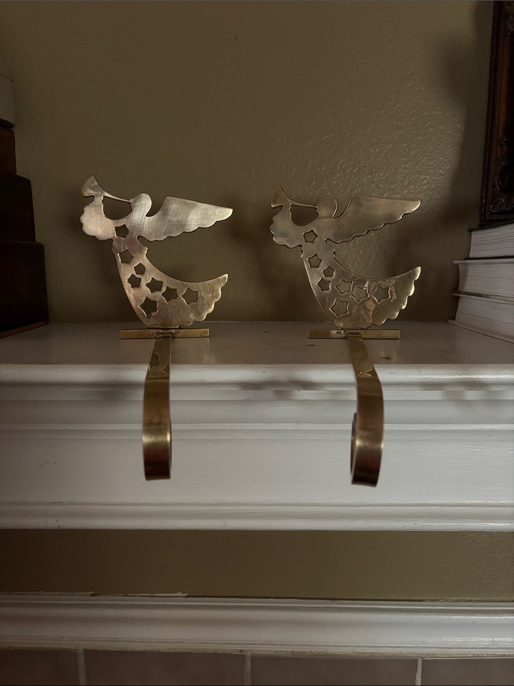 Brass Angel Stocking Holders - Gold Holiday Mantel Hooks